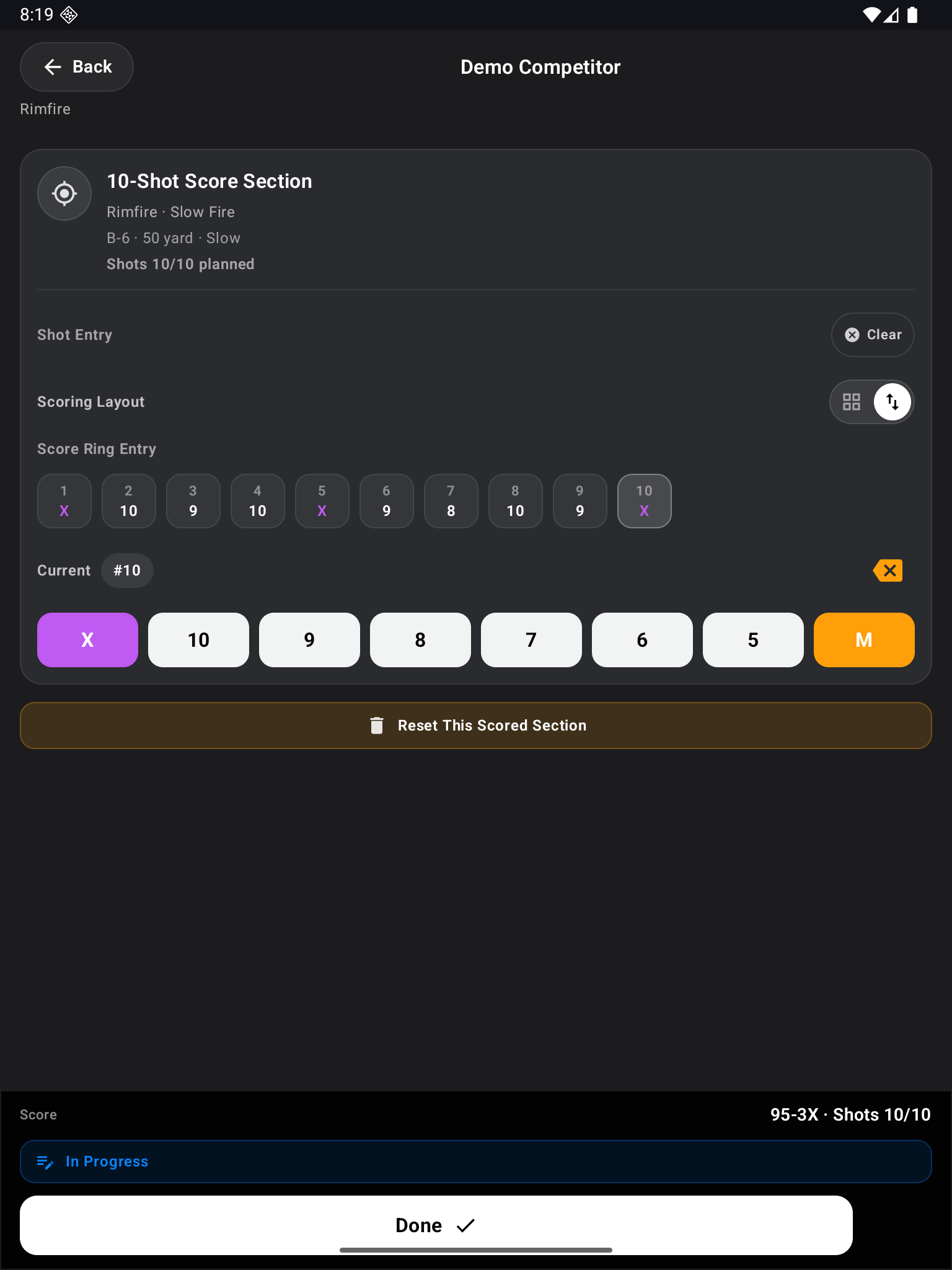 Range Pocket Bullseye scorecard on an Android tablet, with individual shot values and a section total.